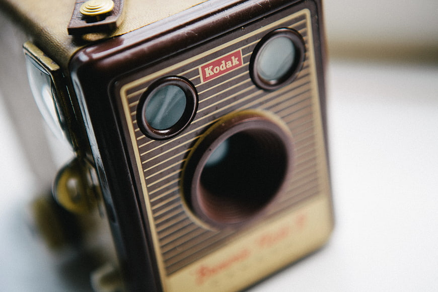 Close-up of vintage Kodak Brownie camera with shallow depth of field