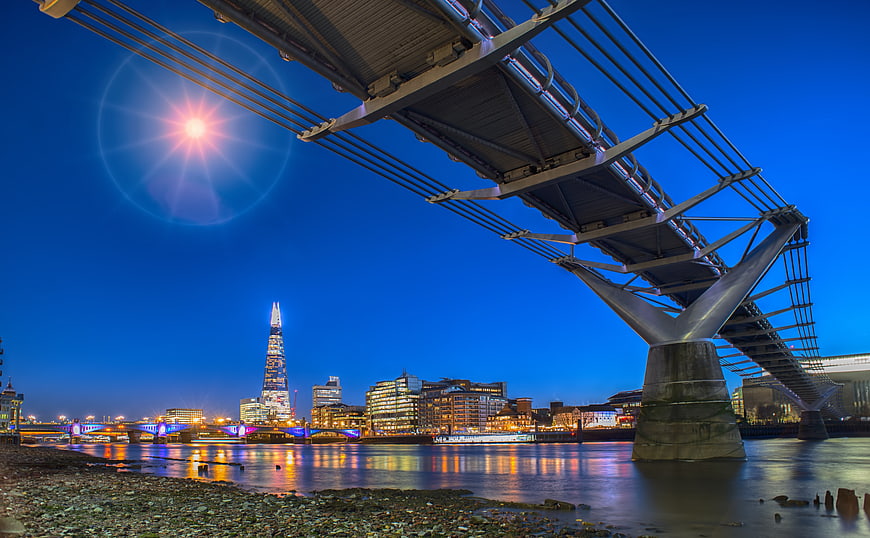 London skyline at twilight with The Shard and Millennium Bridge
