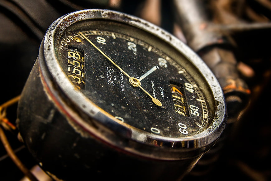 Vintage Smiths Stopwatch Close-Up on Vintage Motorcycle