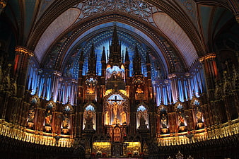 Gothic Altar Interior of Notre-Dame Basilica in Montreal