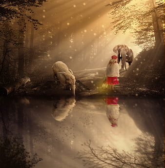 Mystical Girl with Lantern and Elephants in Golden Forest