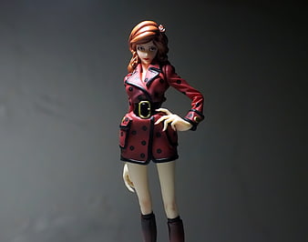 Red Polka Dot Anime Figure Woman Standing Pose Gray Background