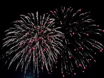 Red and white fireworks bursting in the night sky