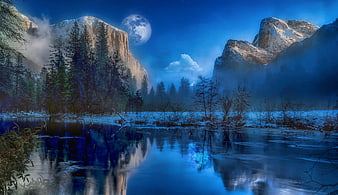 Winter Moonlit Mountain Landscape with River Reflections