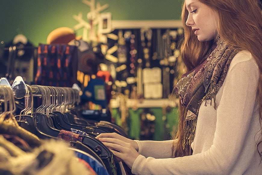 Young Woman Browsing Clothes in Vintage Boutique