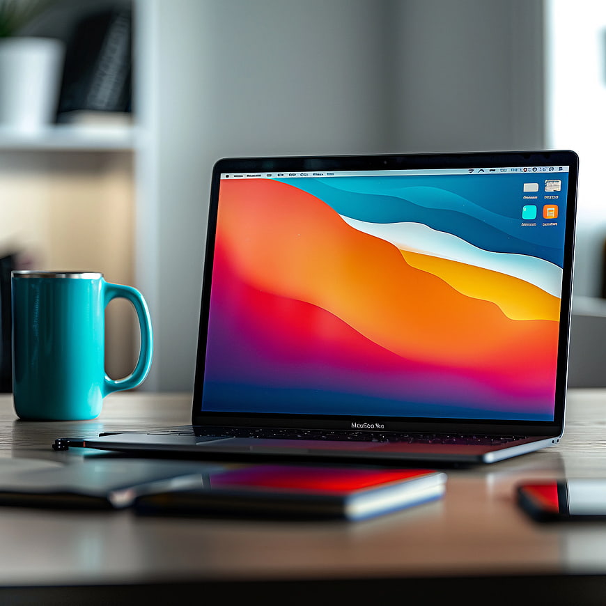 Modern Laptop Workspace with Colorful Screen and Blue Mug