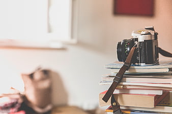 Vintage Film Camera on Stack of Books with Natural Light