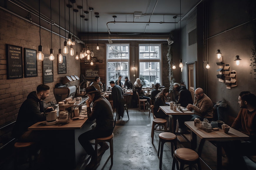 Interior of a busy modern cafe with customers