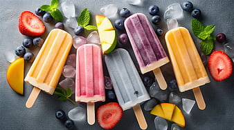Colorful fruit popsicles with fresh berries and ice cubes