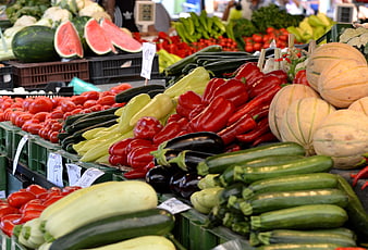 Colorful Fresh Vegetables And Melons At Outdoor Farmers Market Stand