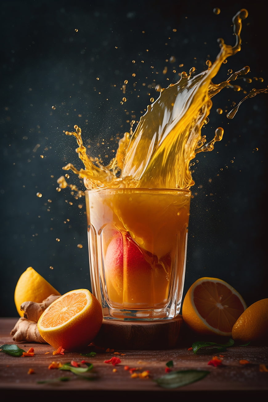 Dynamic Splash of Orange Ginger Juice in Glass