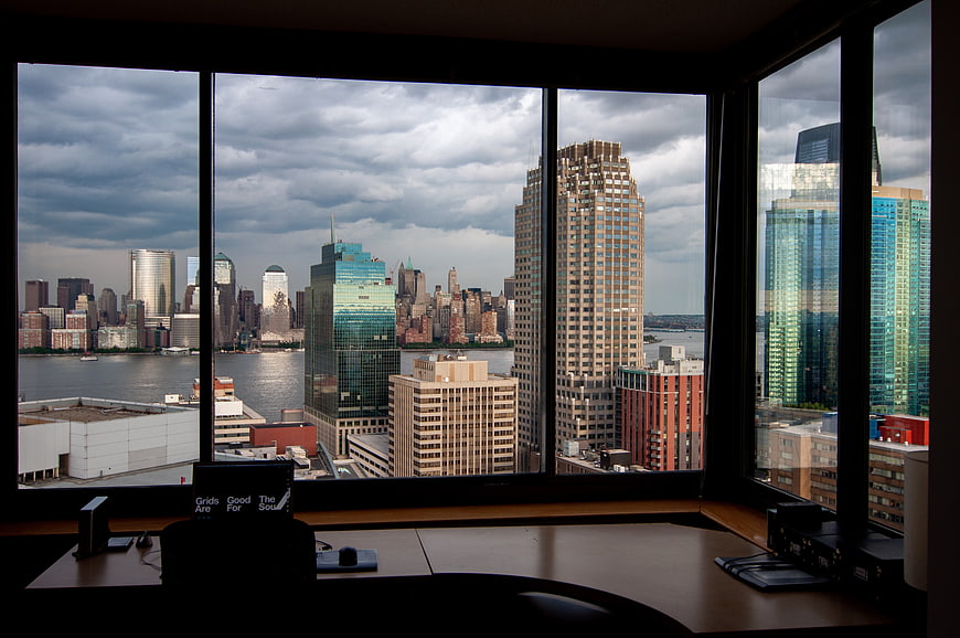 Modern Office Interior with Panoramic City Skyline View