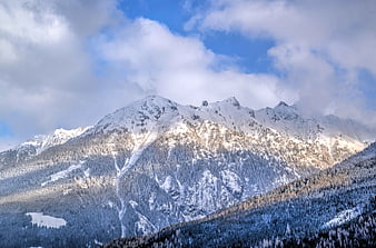 Snow-Covered Mountain Peaks with Blue Sky and Clouds