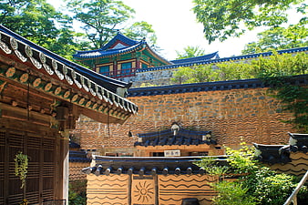 Traditional Korean Temple Architecture with Decorative Walls