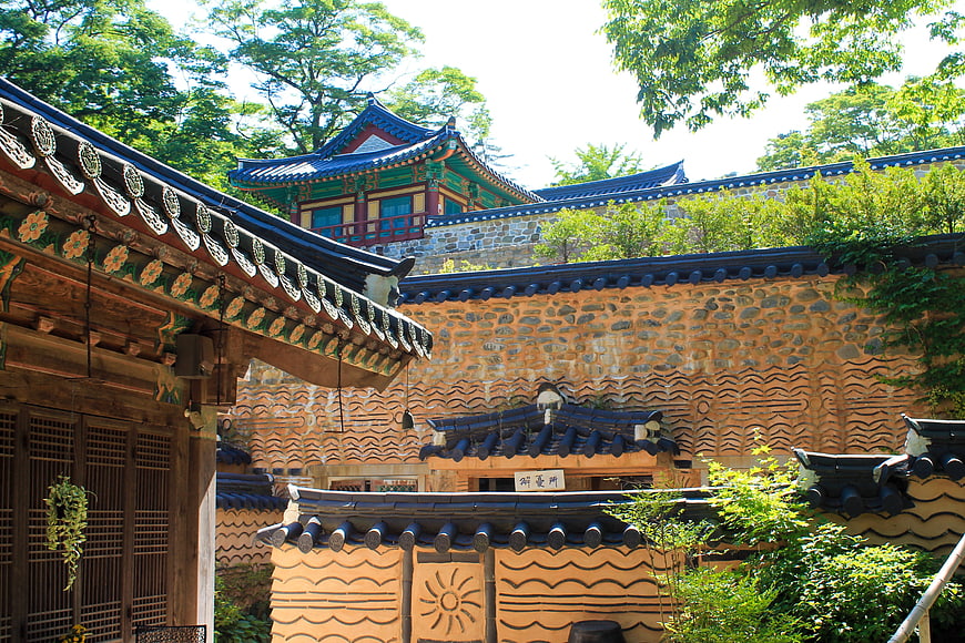 Traditional Korean Temple Architecture with Decorative Walls