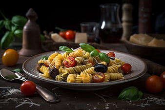 Rustic Fusilli Pasta with Tomatoes and Olives on Wooden Table