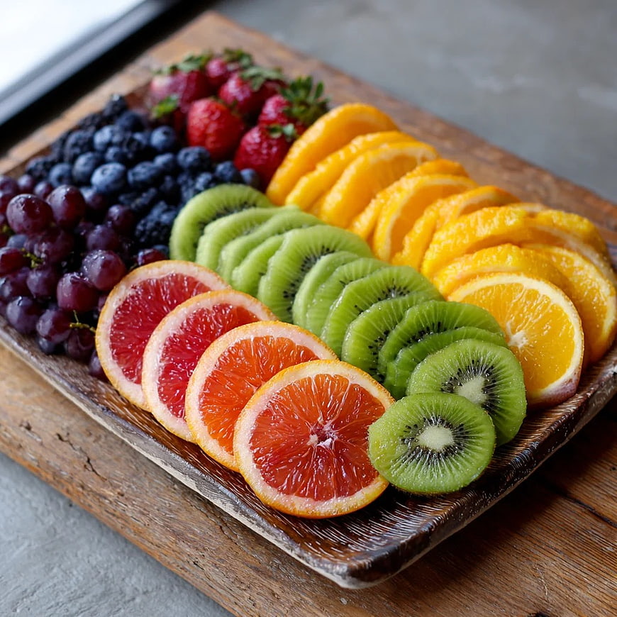 Colorful Sliced Fruit Platter on Wooden Board