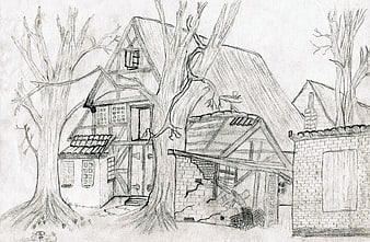 Pencil sketch of dilapidated farmhouse ruins with bare trees