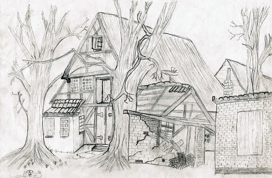 Pencil sketch of dilapidated farmhouse ruins with bare trees