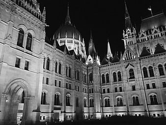 Black and white night view of Hungarian Parliament Building