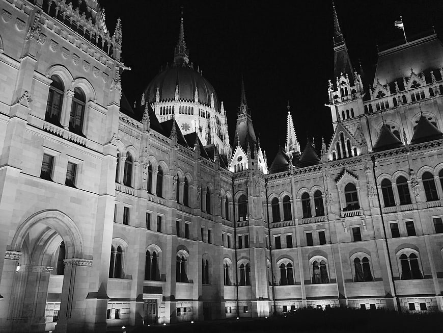 Black and white night view of Hungarian Parliament Building