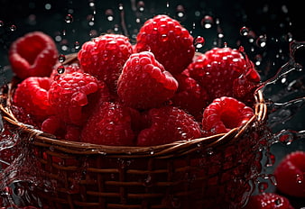 Fresh Raspberries in Wicker Basket with Water Splash