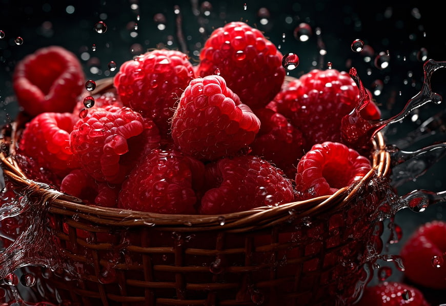 Fresh Raspberries in Wicker Basket with Water Splash
