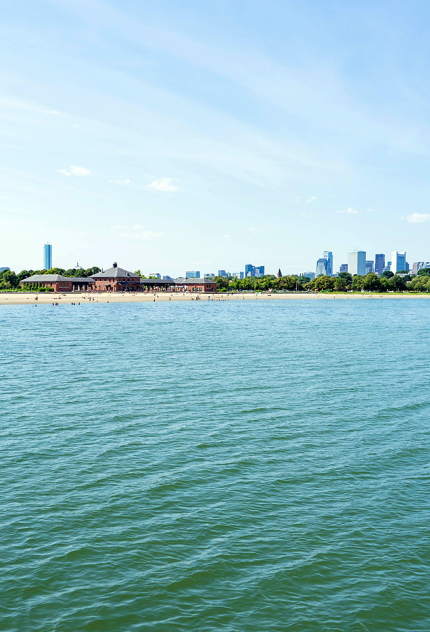 Chicago Lakefront Beach with City Skyline and Blue Water