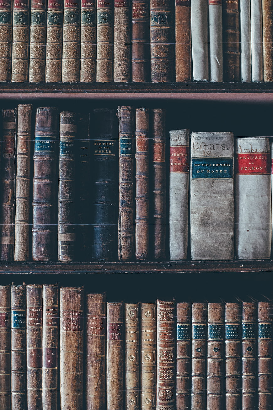 Vintage Antique Books on Wooden Shelves
