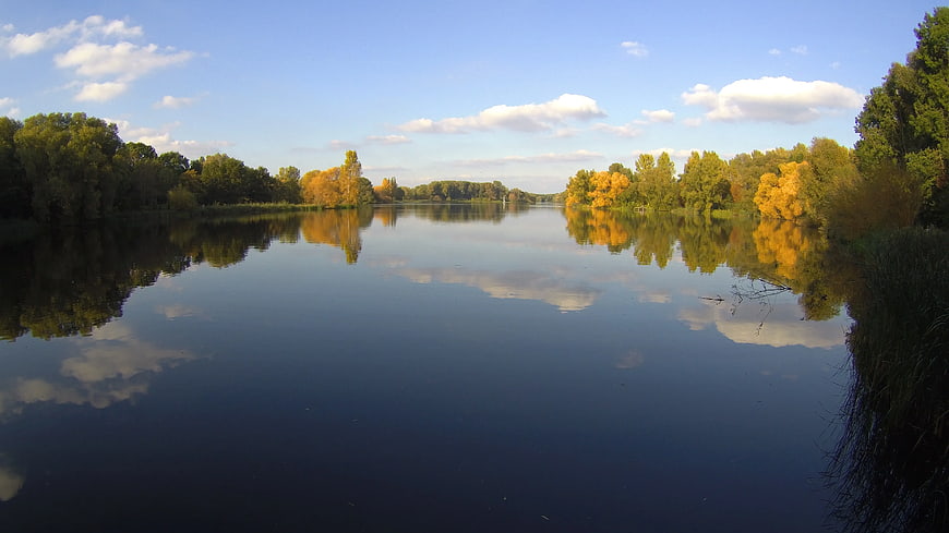 Serene Autumn River Landscape with Golden Trees and Reflections