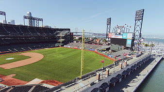 Aerial view of Oracle Park baseball stadium in San Francisco