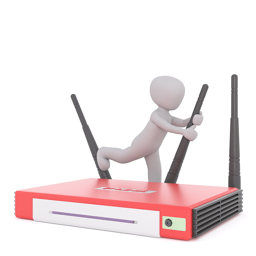 3D Character Adjusting Antennas on Red Wireless Router