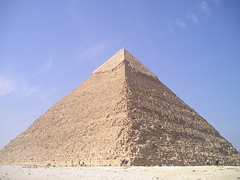 Pyramid of Khafre in Giza, Egypt with tourists and camels