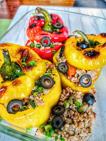 Colorful Stuffed Bell Peppers with Rice and Black Olives