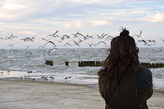 Woman Watching Seagulls Fly Over Stormy Sea