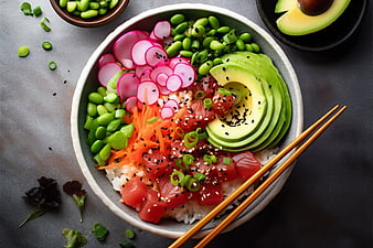Overhead view of fresh tuna poke bowl with avocado and edamame
