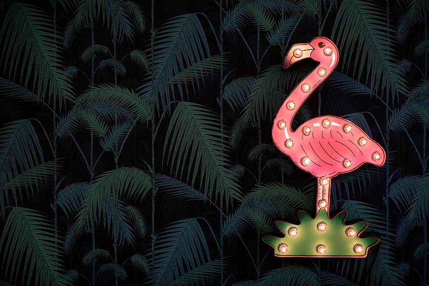 Pink Neon Flamingo Sign Against Dark Tropical Palm Leaves
