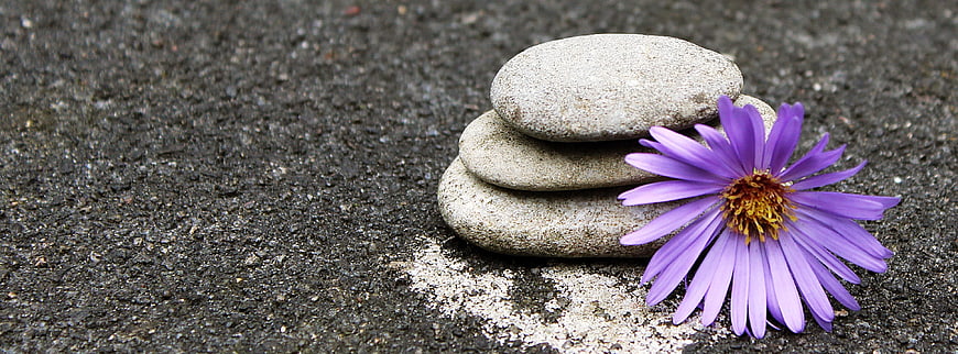 Stacked Zen Stones with Purple Flower on Dark Sand