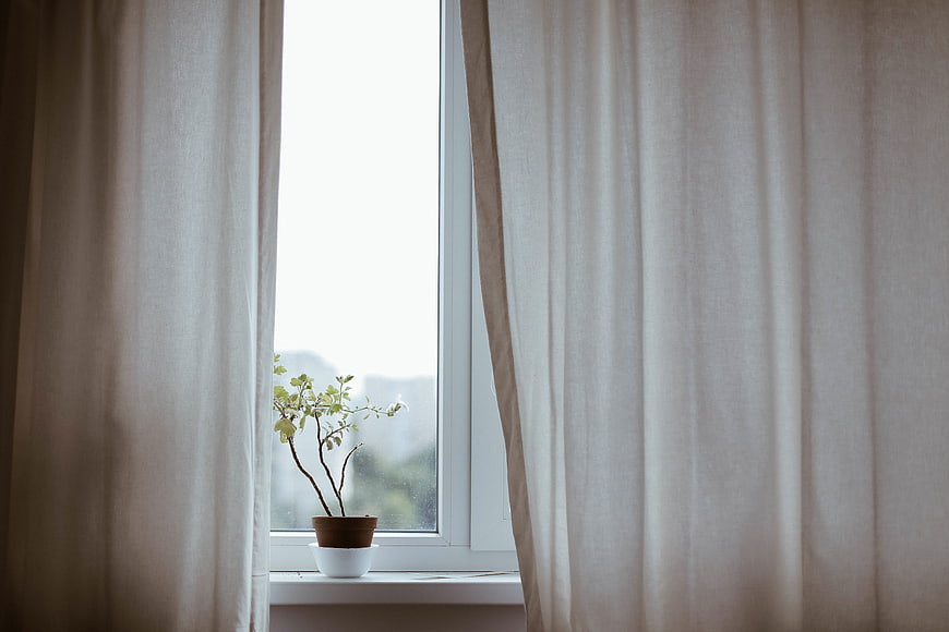 Minimalist Window with Plant and White Curtains