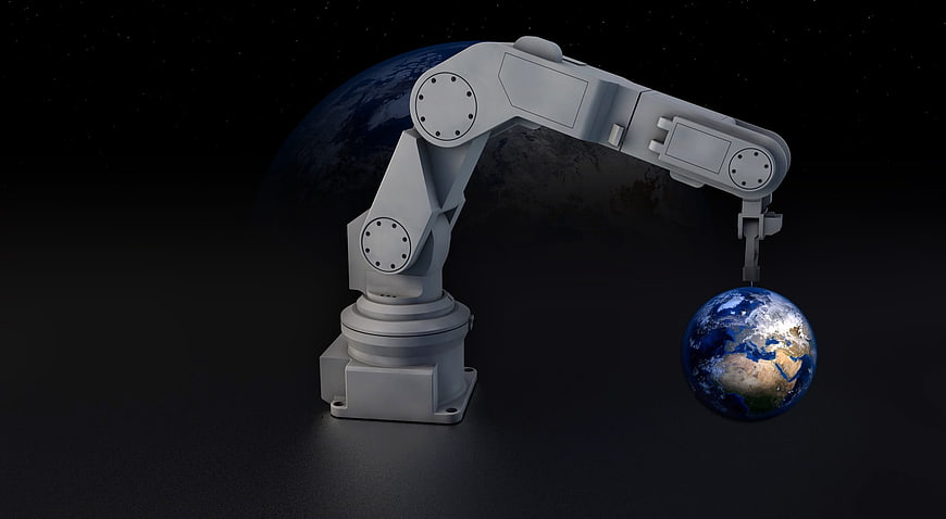 3D robotic arm holding small globe against dark background