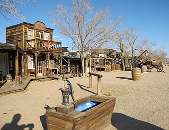 Old Western Ghost Town Street Scene with Wooden Buildings