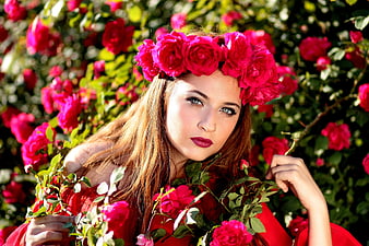 Woman with Red Rose Crown in Garden