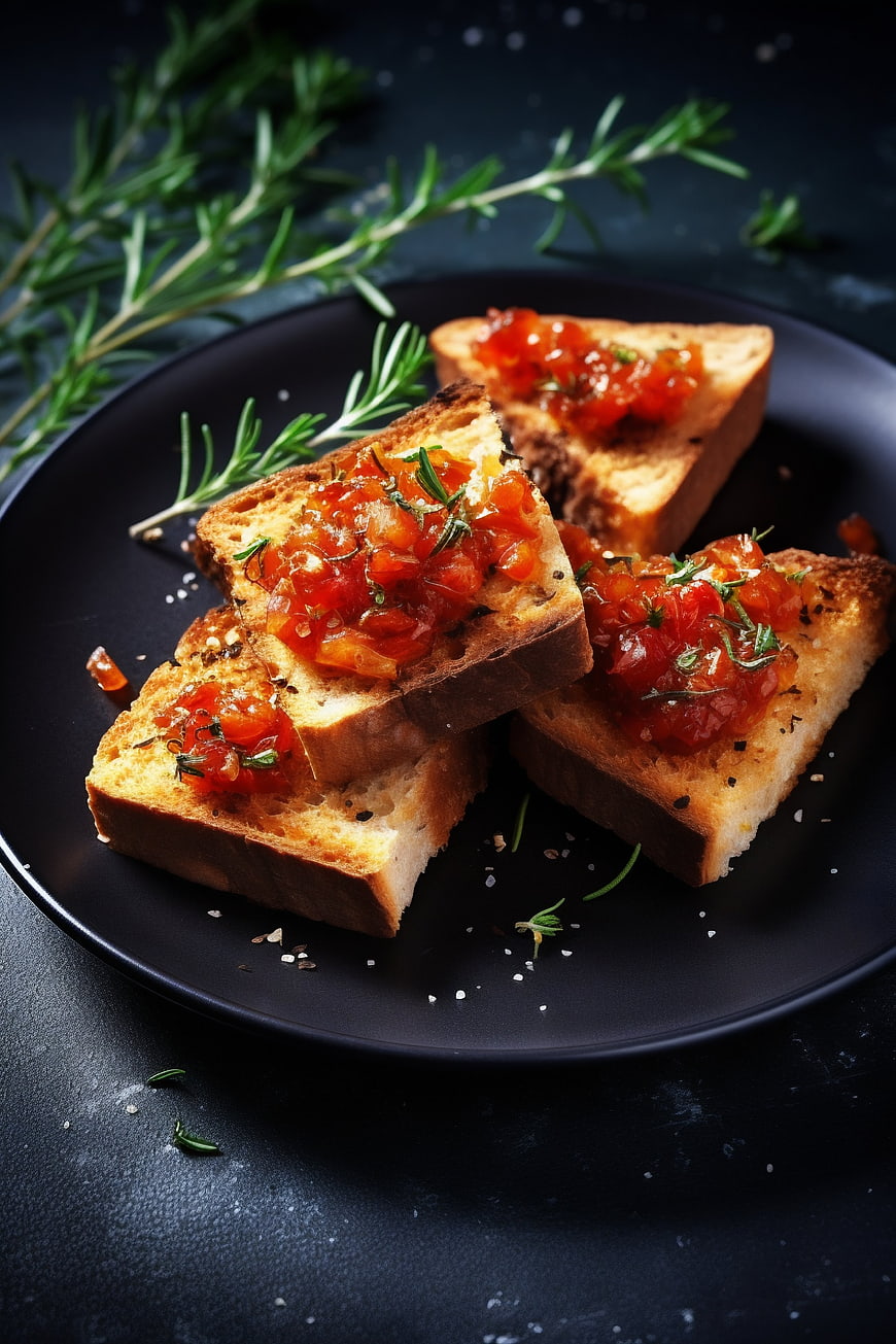 Bruschetta with tomato topping on black plate