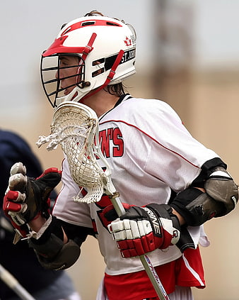 Lacrosse Player in White and Red Uniform with Stick