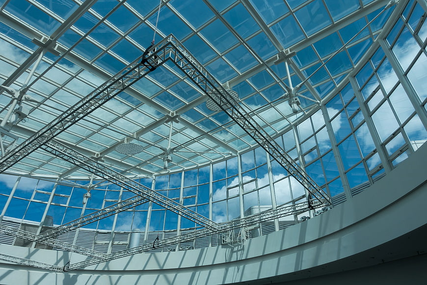 Modern Glass Atrium with Metal Truss Structure
