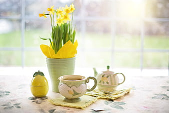 Spring tea time with daffodils and lemon sugar bowl