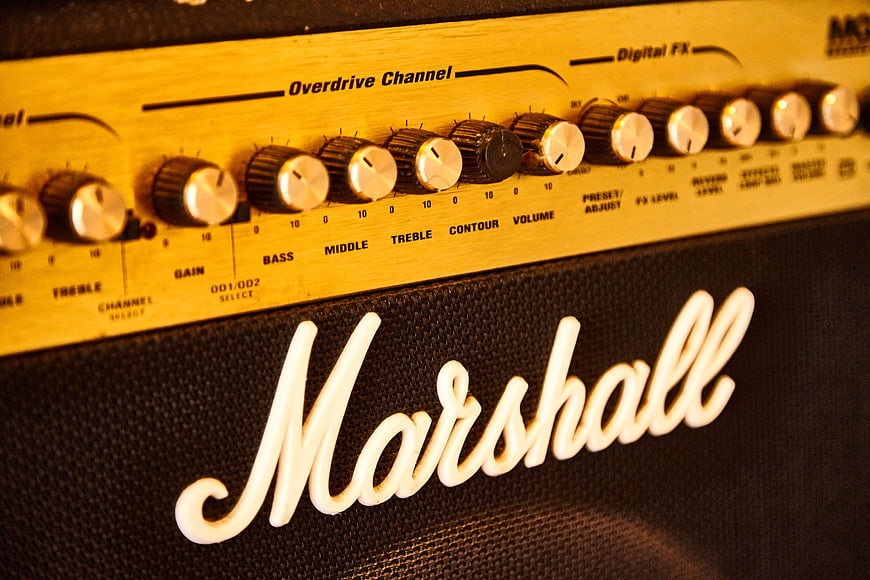 Close-up of Marshall Guitar Amplifier Control Panel and Logo