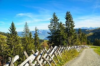 Scenic Alpine Trail with Wooden Fence and Mountain View