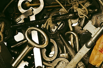 Vintage Antique Skeleton Keys and Padlocks Close Up