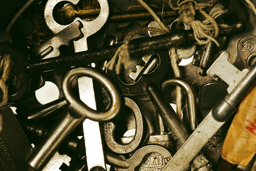 Vintage Antique Skeleton Keys and Padlocks Close Up